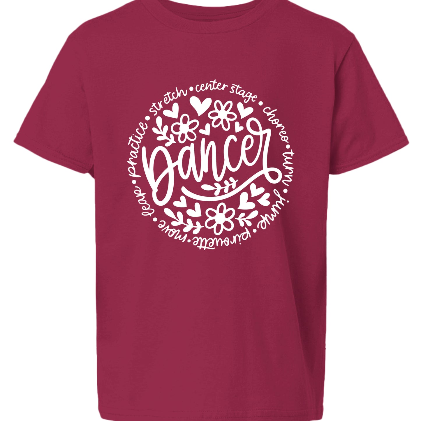 Maroon t-shirt with white 'Dancer' design on a white background