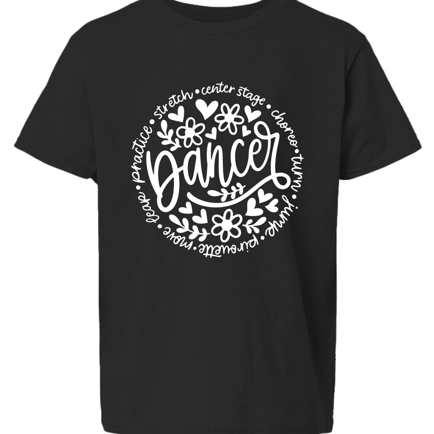 Black t-shirt with white 'Dancer' graphic design on a white background
