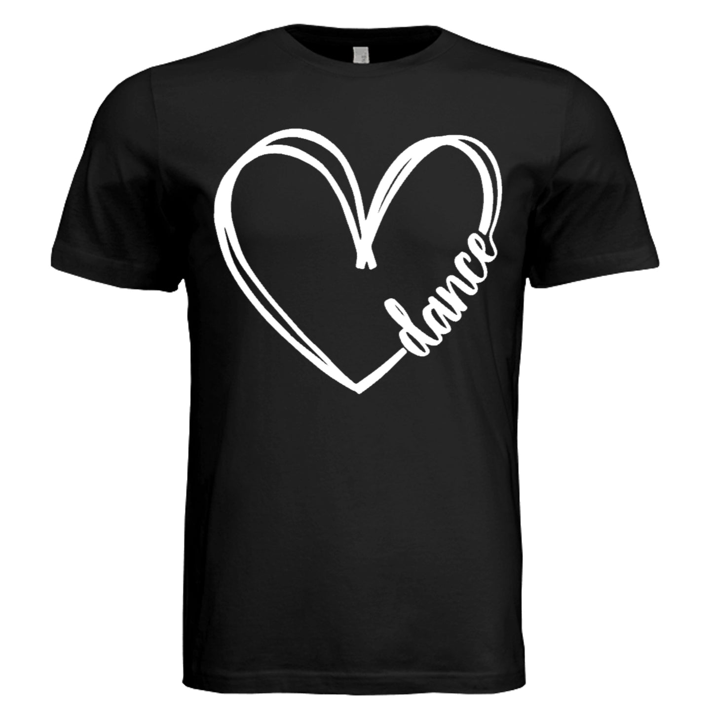 Black t-shirt with a white heart and 'dance' text design on a white background