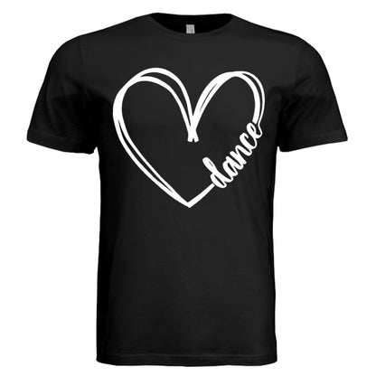 Black t-shirt with a white heart and 'dance' text design on a white background