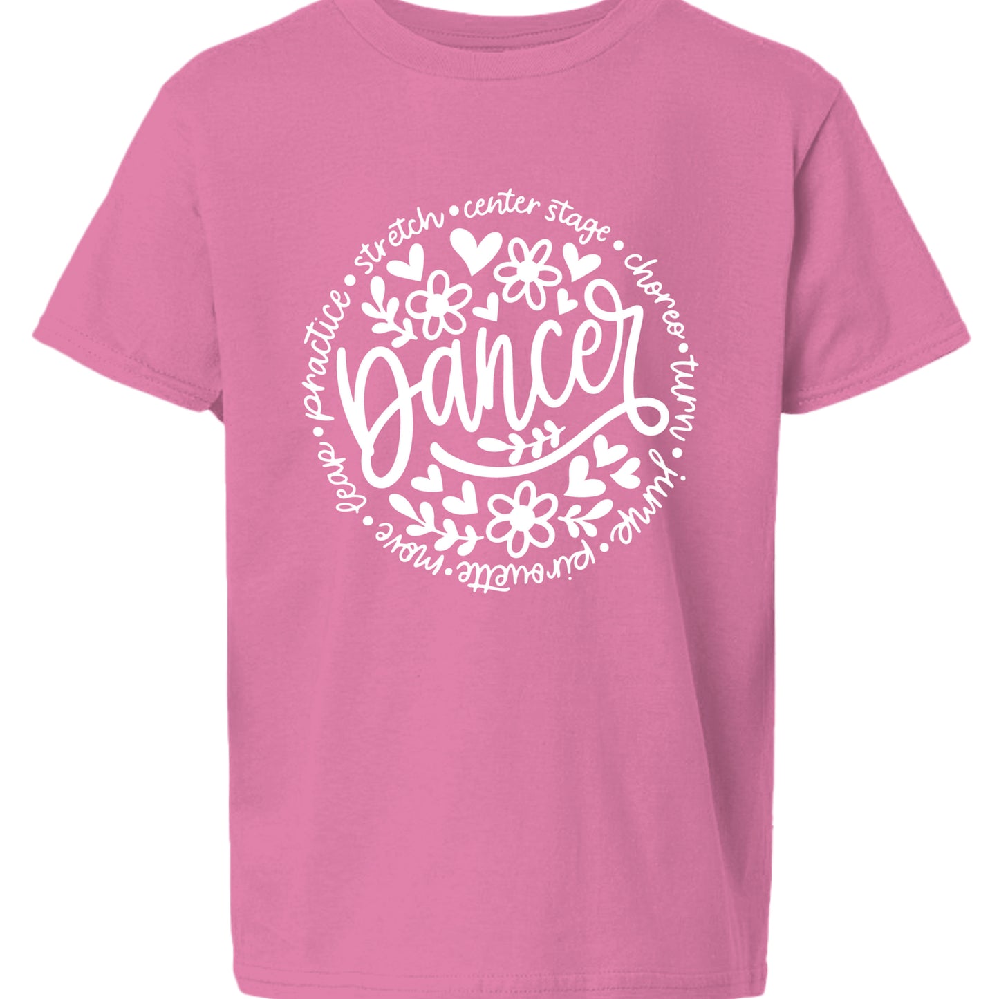Pink t-shirt with white 'Dancer' design on a white background