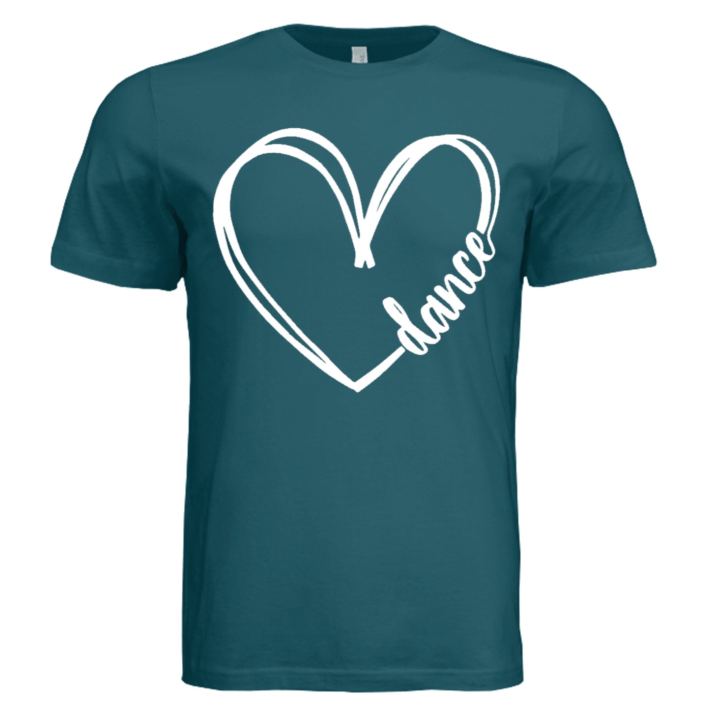 Teal t-shirt with a white heart and 'dance' text on a white background