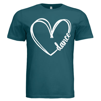 Teal t-shirt with a white heart and 'dance' text on a white background