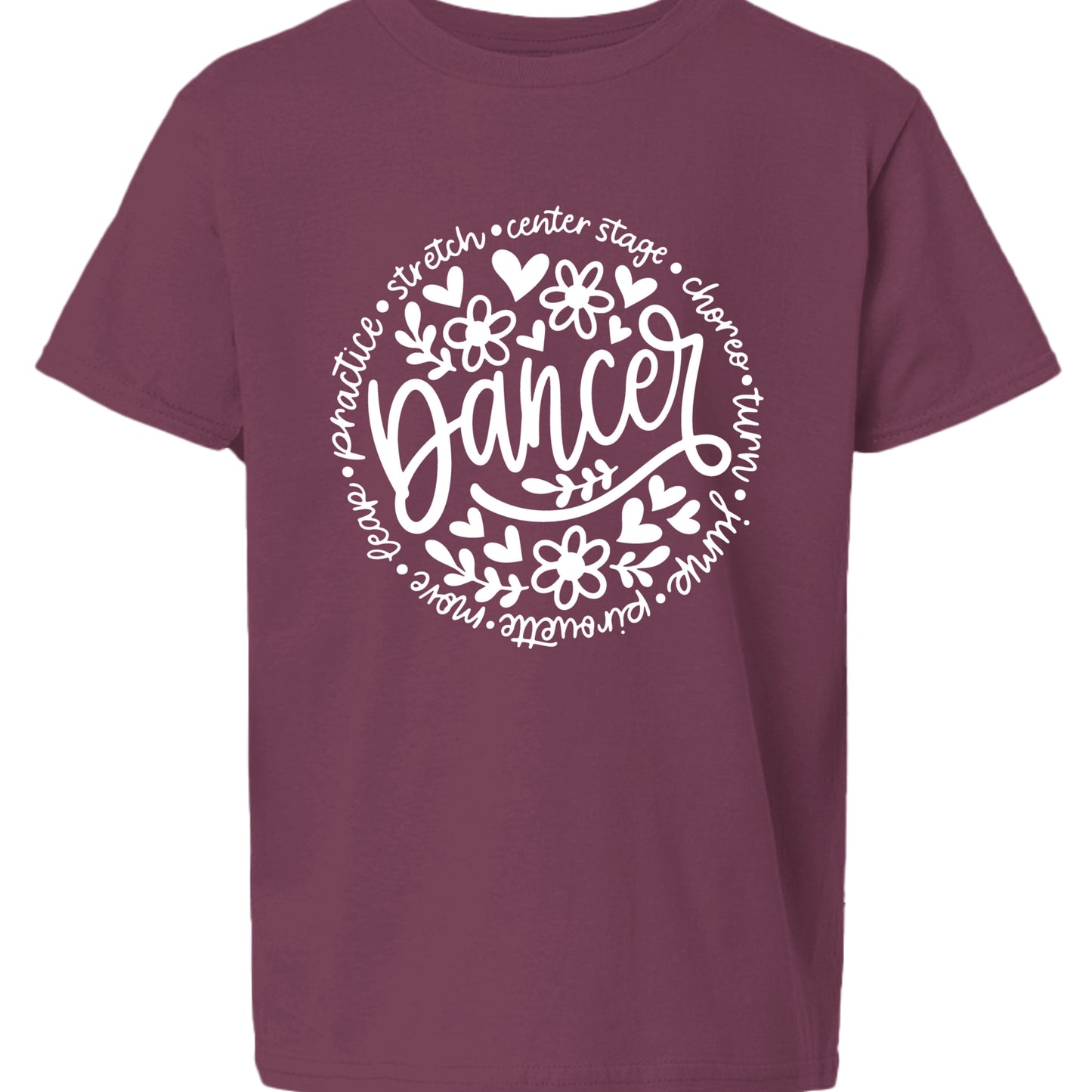 Maroon t-shirt with white 'Dancer' graphic design on a white background