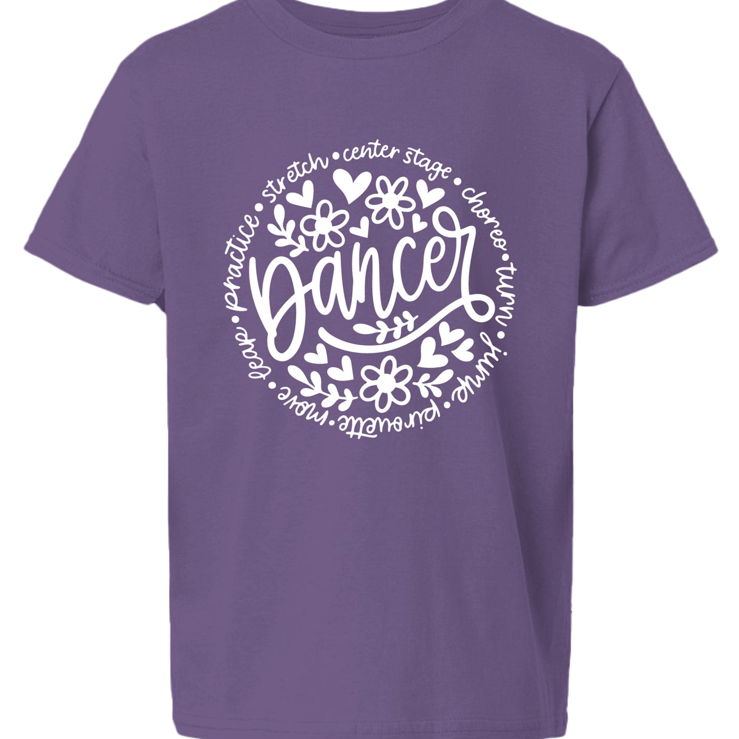 Purple t-shirt with white 'Dancer' graphic and text on a white background