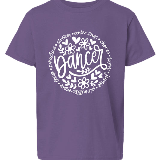 Purple t-shirt with white 'Dancer' graphic and text on a white background