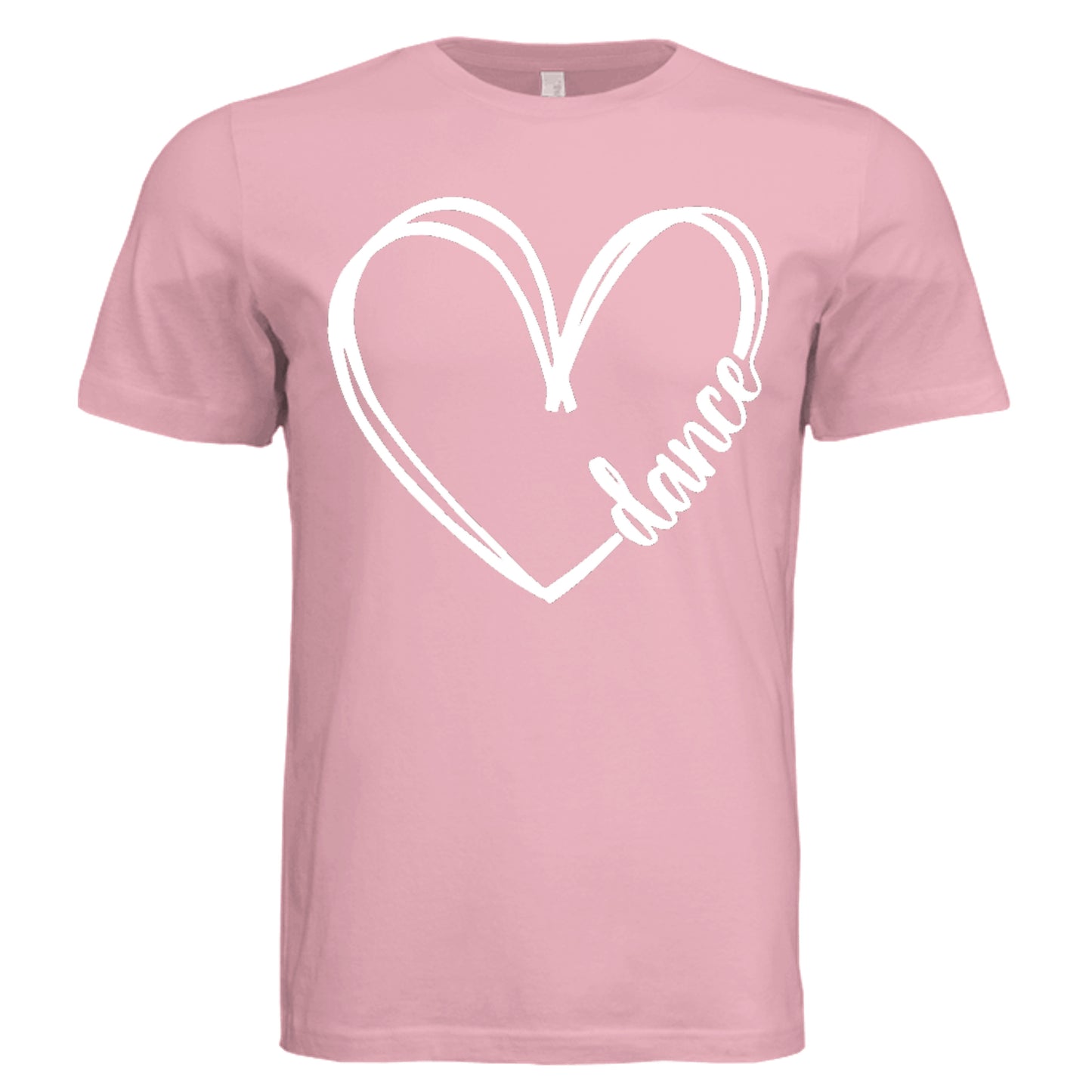Pink t-shirt with a white heart and 'dance' text on a white background