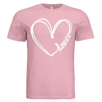 Pink t-shirt with a white heart and 'dance' text on a white background