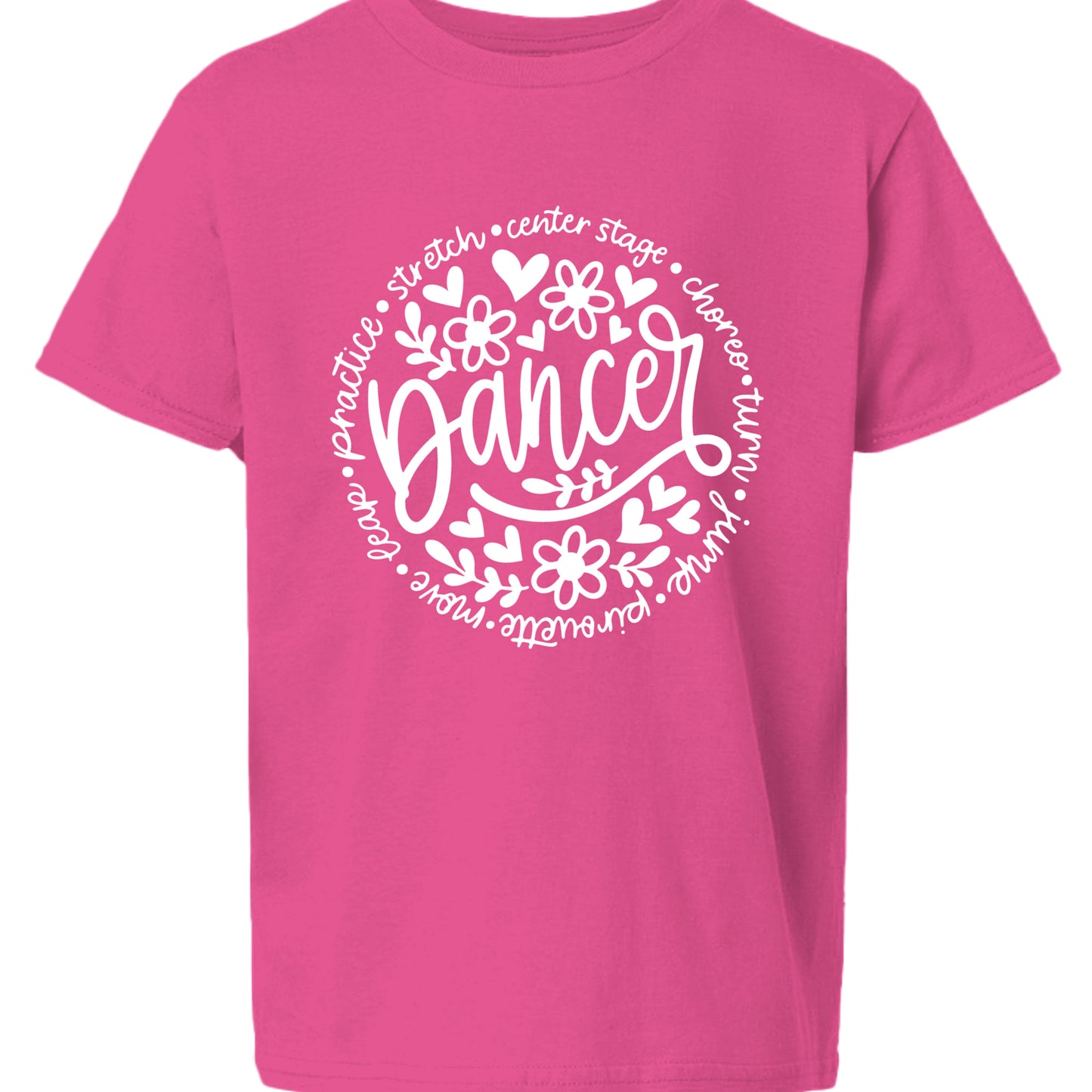 Pink t-shirt with white 'Dancer' design on a white background