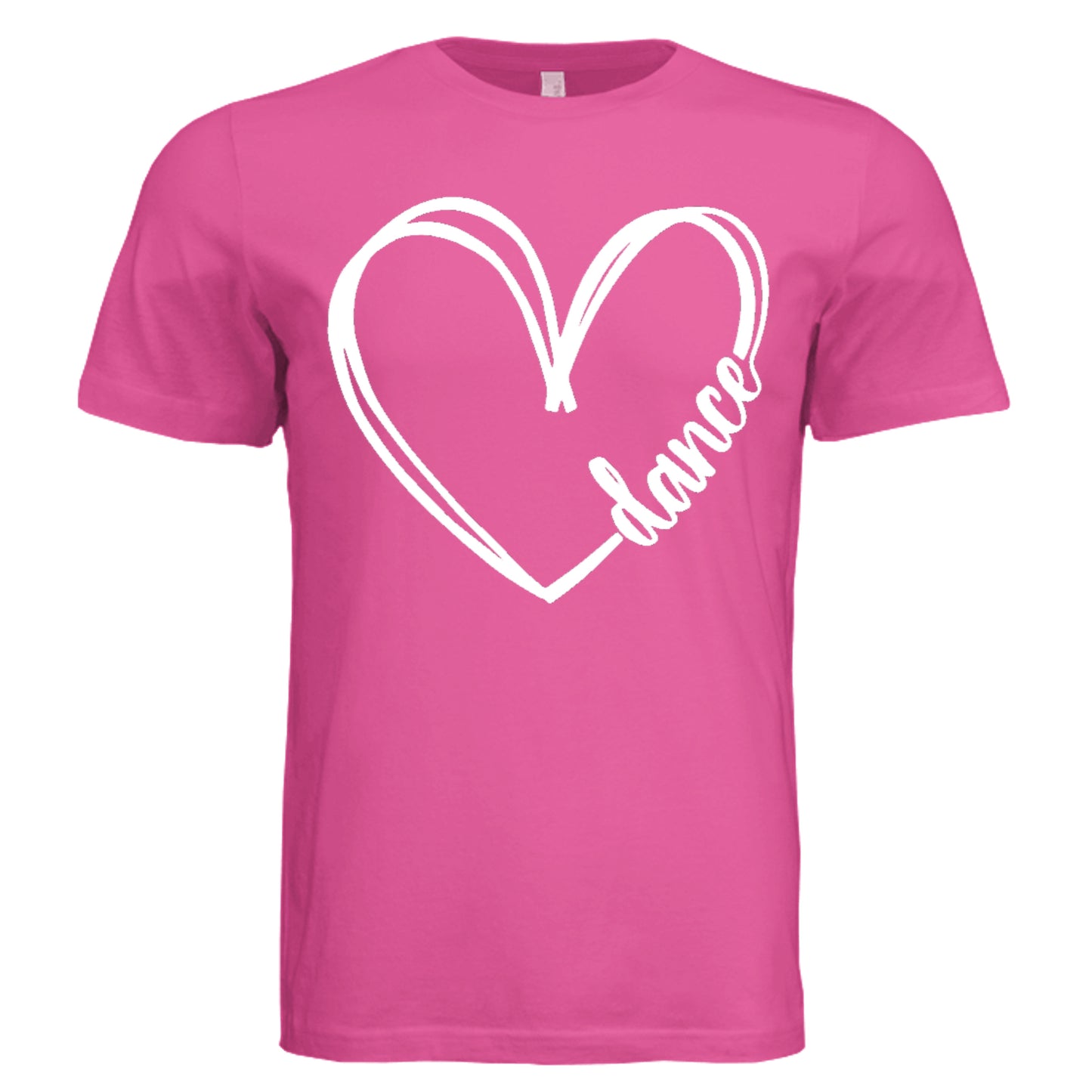 Pink t-shirt with a white heart and 'dance' text on a white background