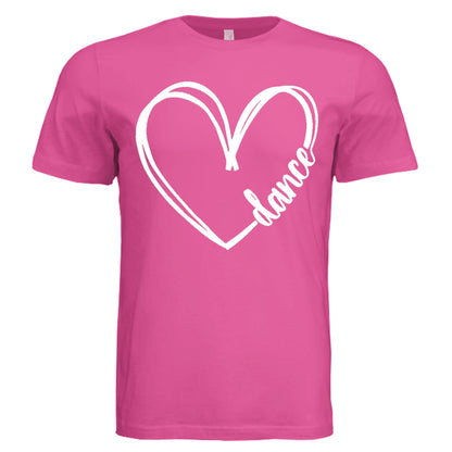 Pink t-shirt with a white heart and 'dance' text on a white background