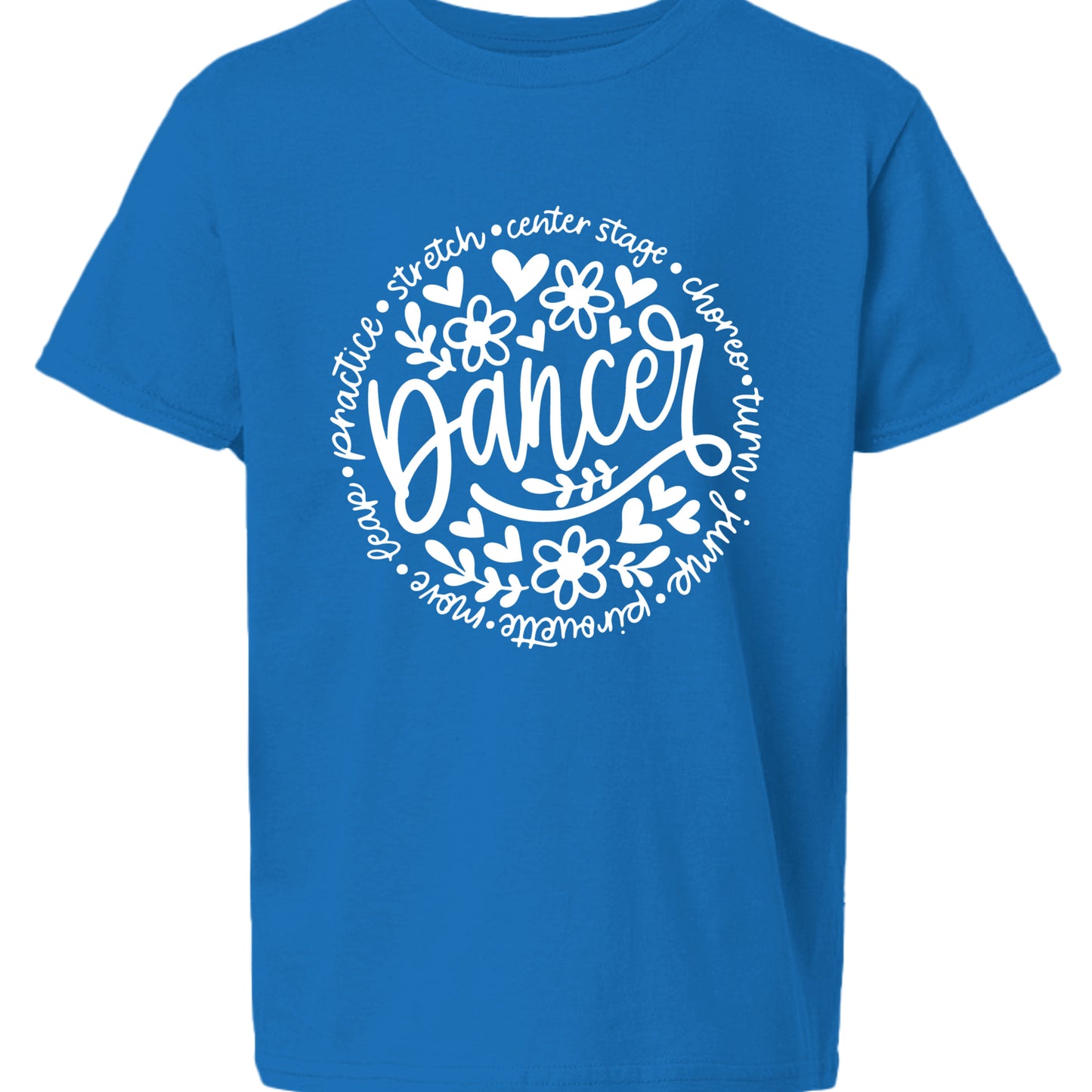 Blue t-shirt with white 'Dancer' design on a white background