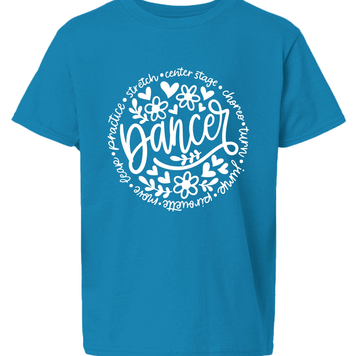 Blue t-shirt with white 'Dancer' design on a white background
