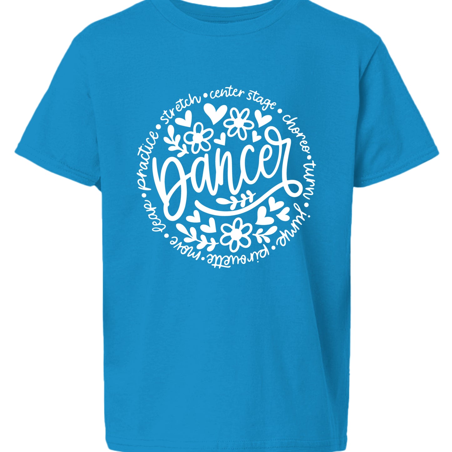 Blue t-shirt with white 'Dancer' design on a white background