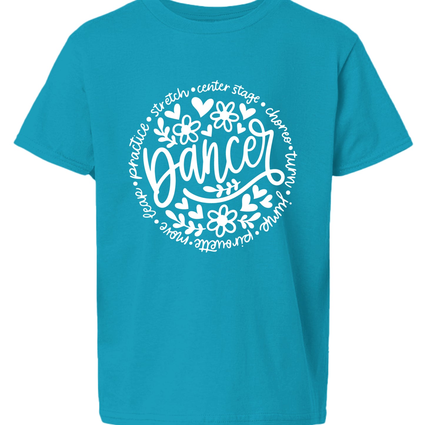 Blue t-shirt with white 'Dancer' design on a white background
