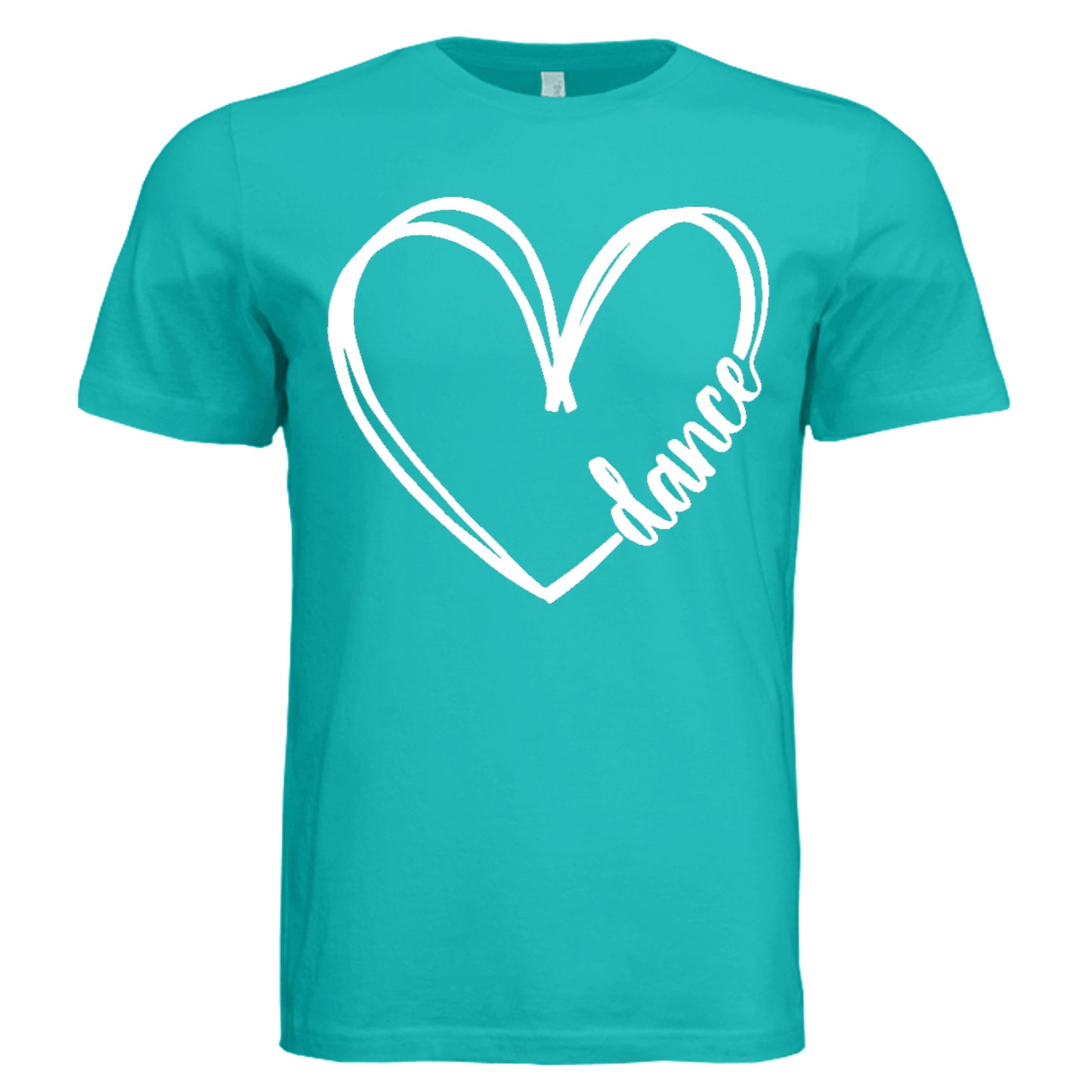 Turquoise t-shirt with a white heart and 'dance' design on a white background