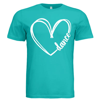 Turquoise t-shirt with a white heart and 'dance' design on a white background